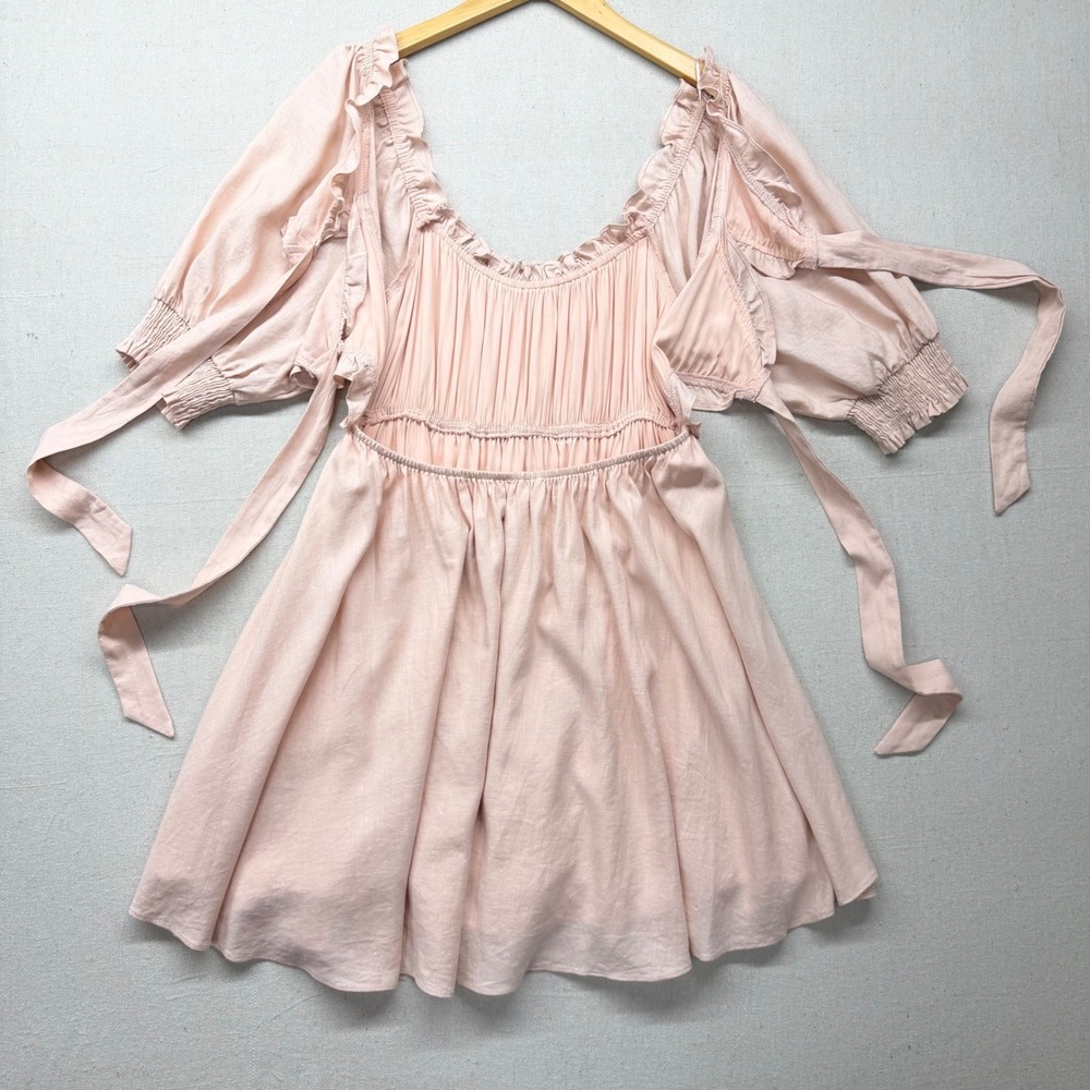 Pink Linen Blend Puff Sleeve Mini Dress OpenBack L Cottagecore Coquette Babydoll - Picture 6 of 13